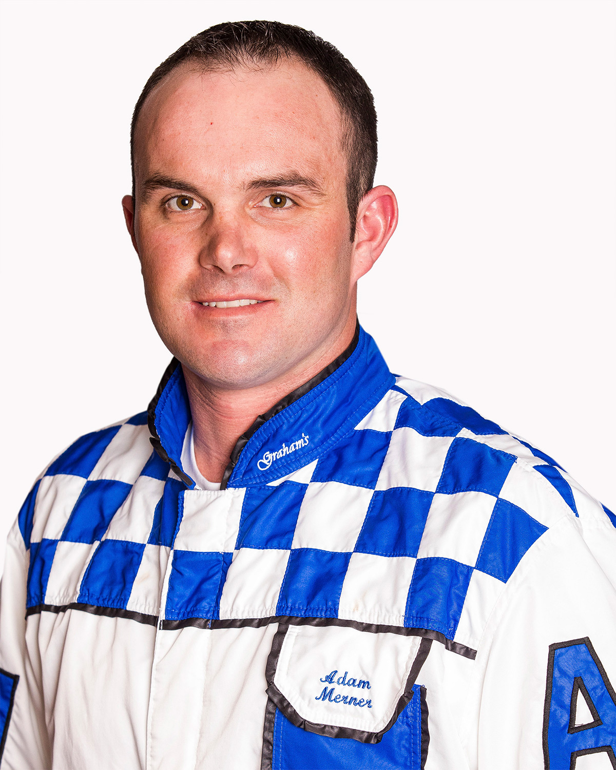 Adam-Merner Adam Merner Headshot. Harness racing driver at Red Shores. Colors: Blue-White